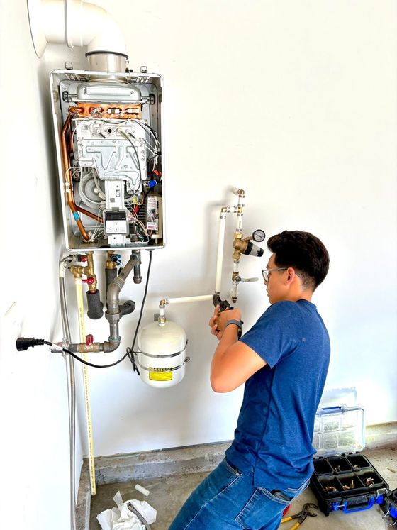 Technician inspecting a wall-mounted water heater and pipes in a utility room