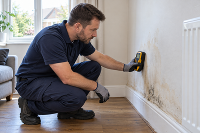 Air movers and dehumidifiers drying a room