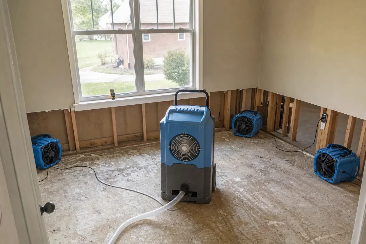 Air movers and dehumidifiers drying a room