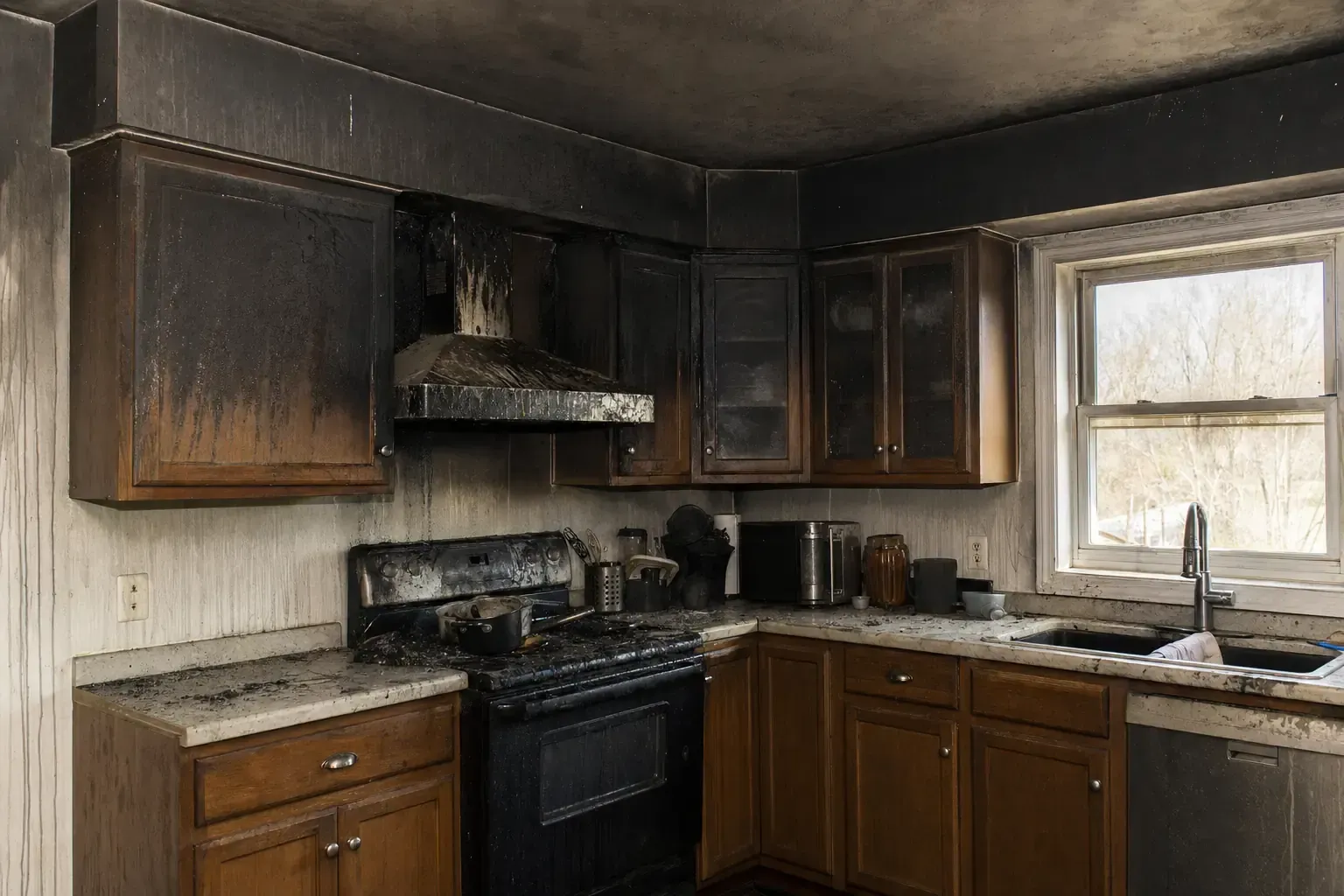 Room with fire and smoke damage