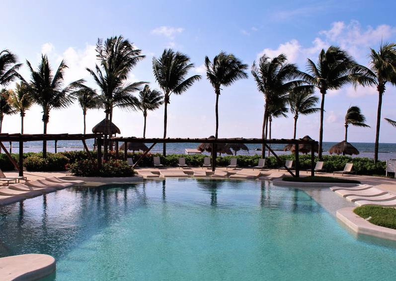 Una gran piscina con palmeras al fondo