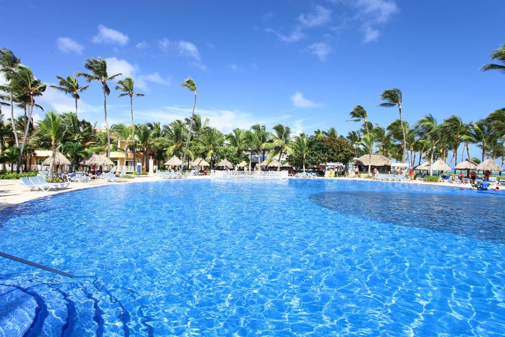Una gran piscina rodeada de palmeras en un día soleado.