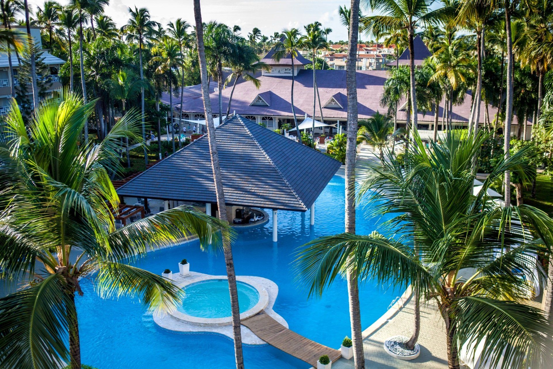 Una vista aérea de una gran piscina rodeada de palmeras