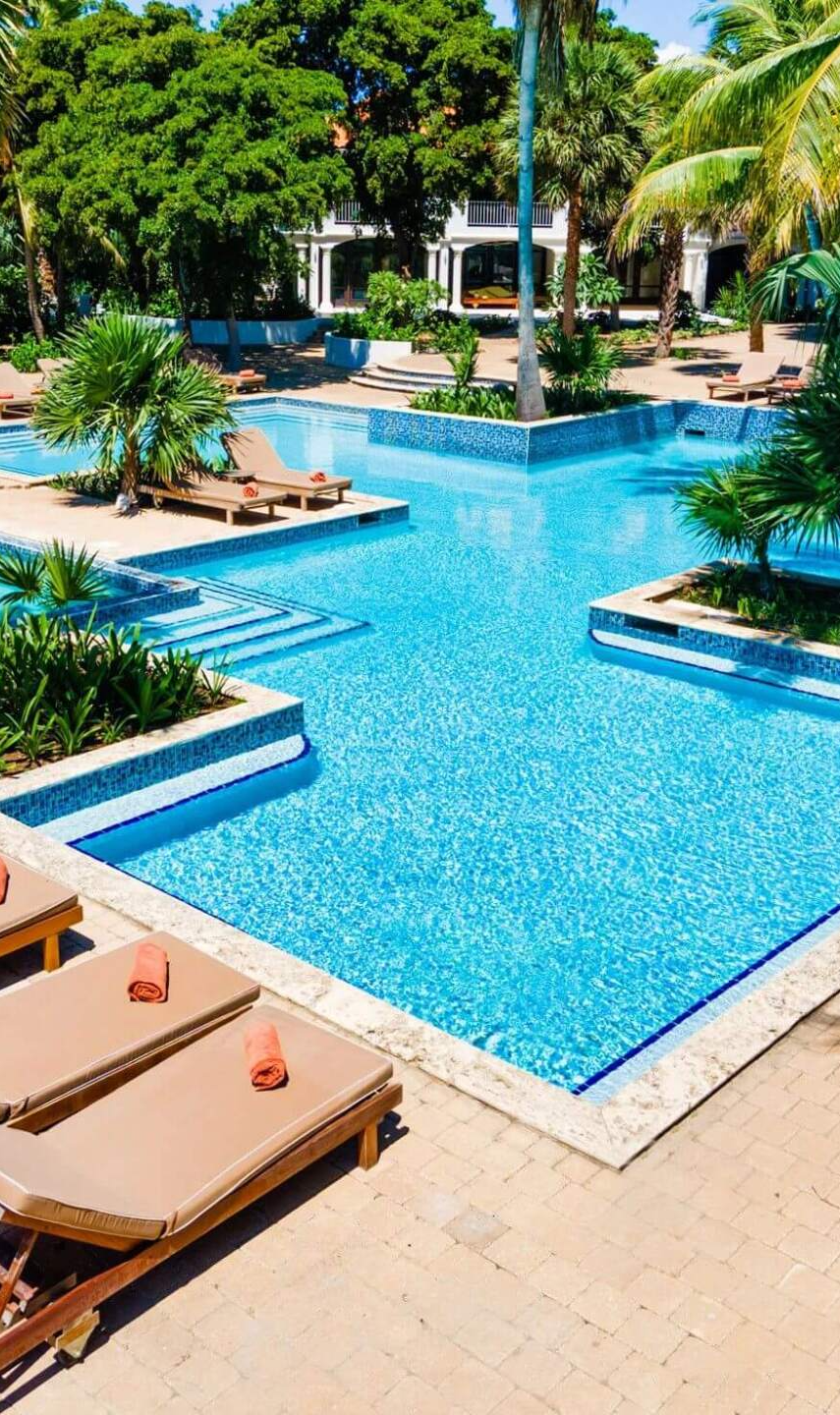 Una gran piscina rodeada de sillas y palmeras.