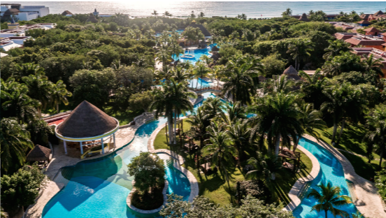 Una vista aérea de una gran piscina rodeada de palmeras.