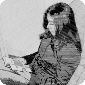 Un dibujo en blanco y negro de una mujer leyendo un libro