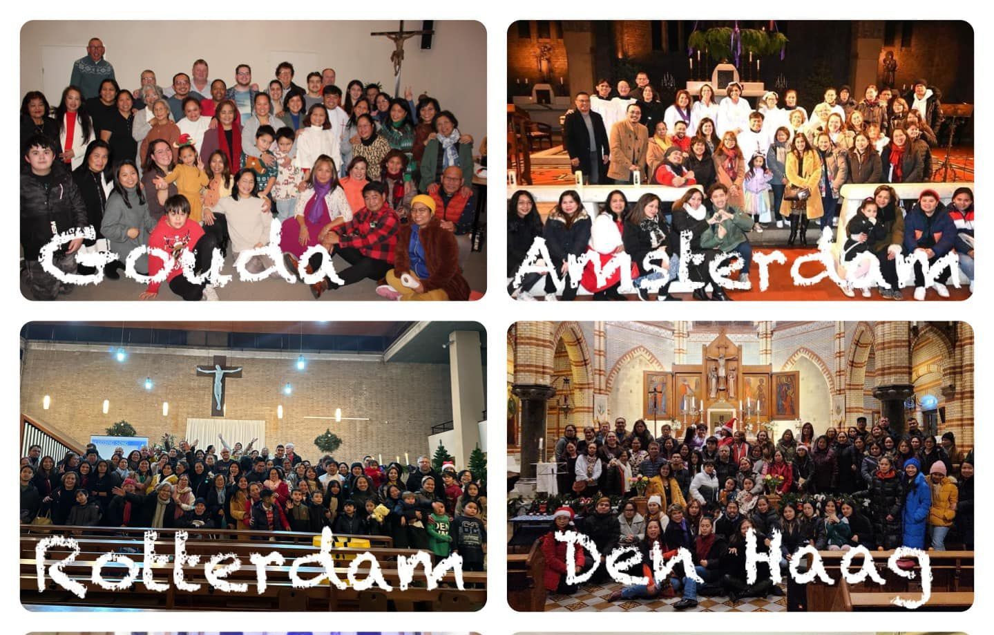 Four pictures of people in churches with the words gouda amsterdam rotterdam and den haag