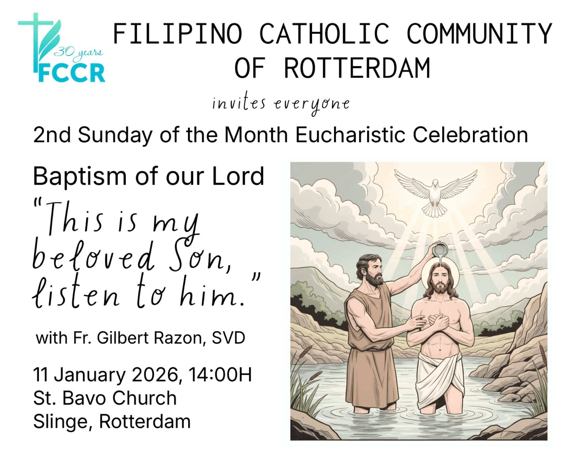 Poster for a Filipino Catholic community event. It shows Jesus' baptism, text about the event, and location.