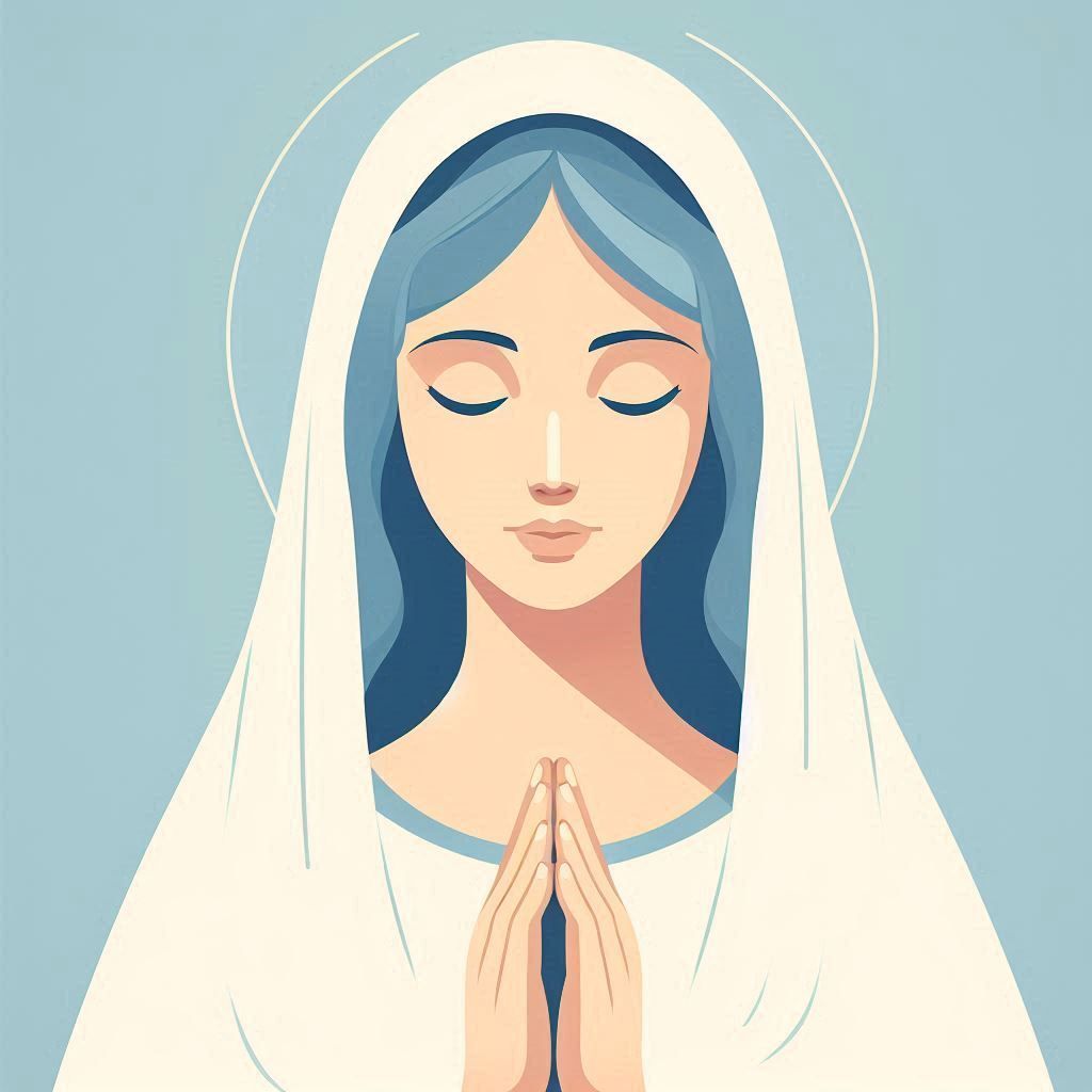 A woman with closed eyes and clasped hands, wearing a white veil. A halo appears behind her.