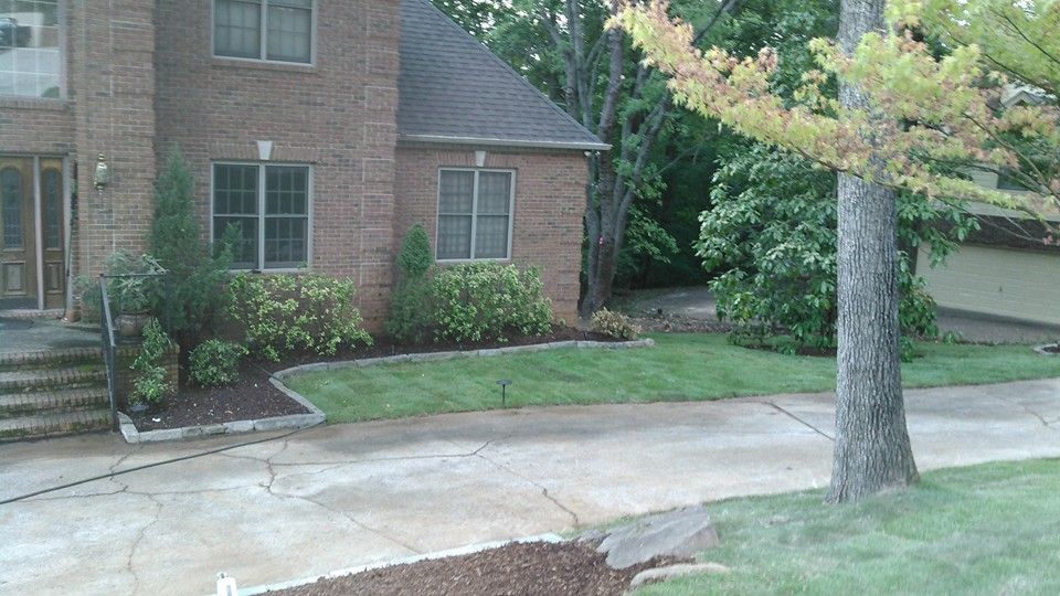 A brick house with a driveway and a tree in front of it