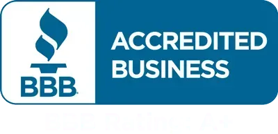 A blue sign that says accredited business with a flame on it.