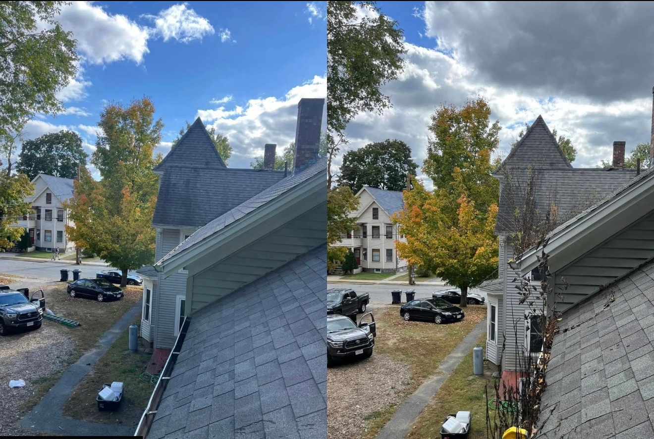 Two side-by-side shots of a house exterior, cars, and a vibrant autumn tree under varying cloud cover.