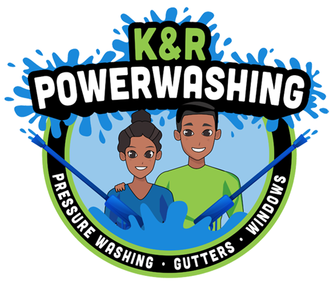 Logo for K&R Powerwashing: two cartoon people with pressure washers, surrounded by water splashes and text.