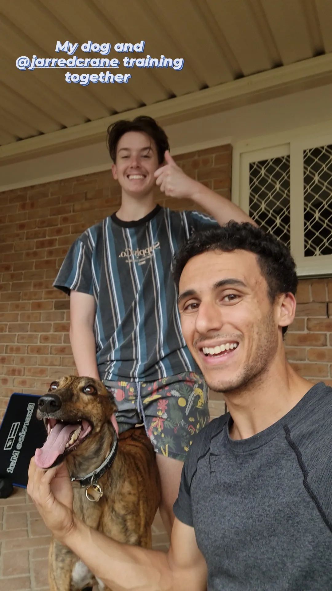 Two men and a dog smiling outdoors; one man gives a thumbs up —True Form Fitness In Gwandalan, NSW