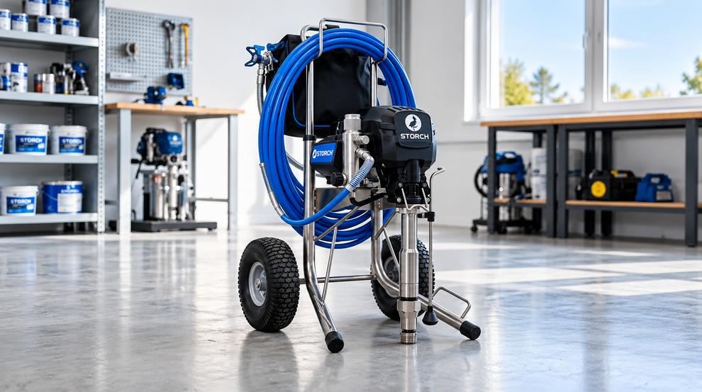 Carrello avvolgitubo blu in un'officina luminosa, con attrezzi e attrezzature sugli scaffali sullo sfondo.
