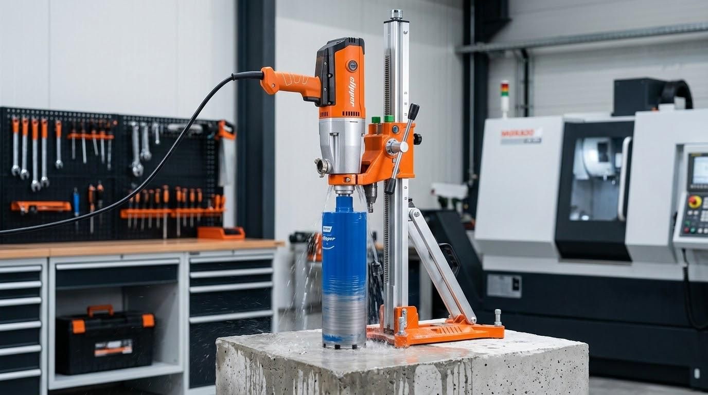 Braccio robotico industriale arancione in un’officina, accanto a un macchinario e a un banco da lavoro con attrezzi, durante una prova