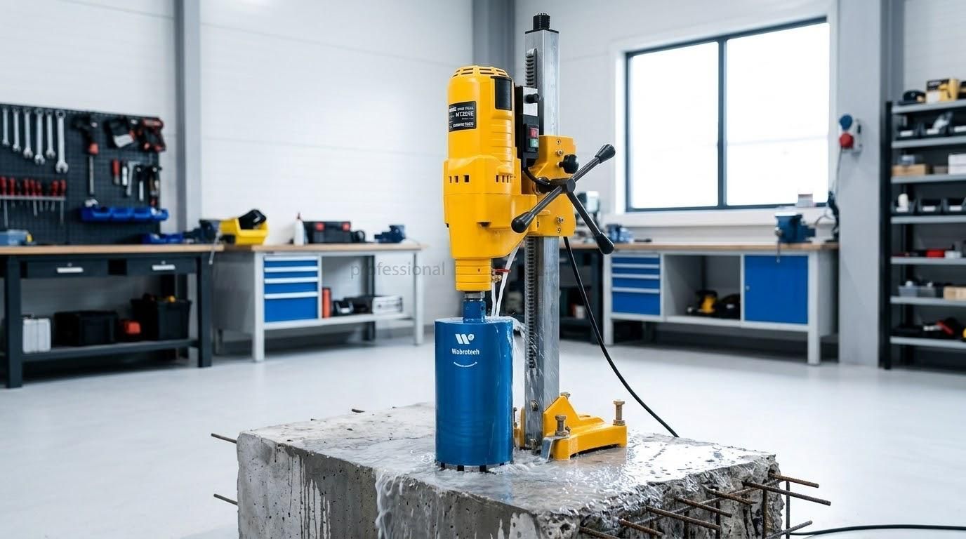 Trapano giallo su un blocco di cemento in un’officina ordinata, con attrezzi e banchi sullo sfondo