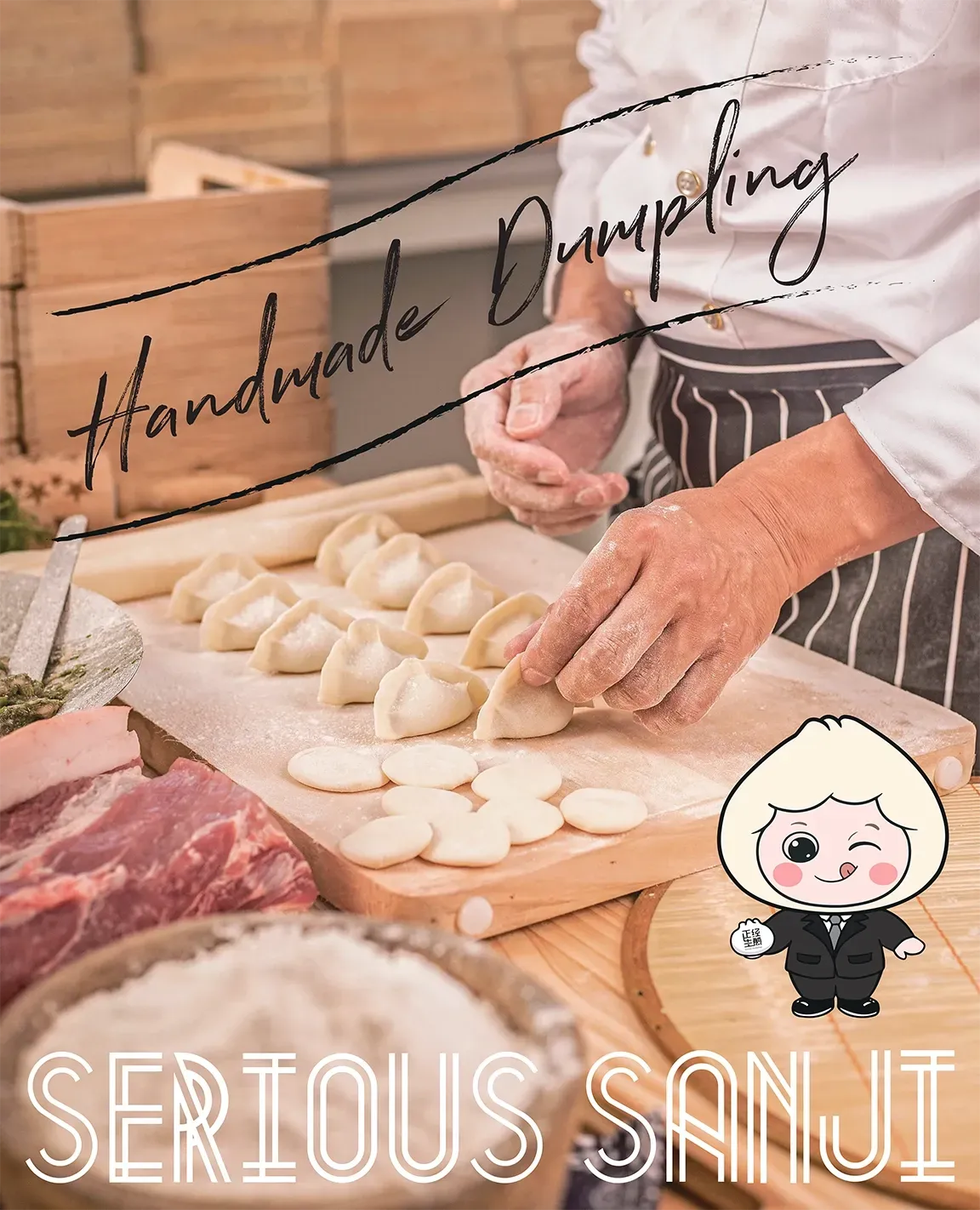 Hands shaping dough on a wooden board in a kitchen, with “Handmade Dumpling” and “SERIOUS SANJI” text overlays