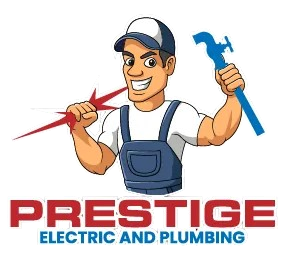 Cartoon plumber mascot holding tools above PRESTIGE Electric and Plumbing logo