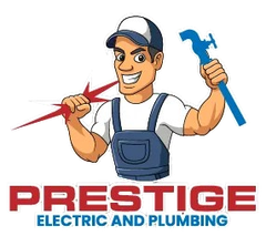 Cartoon plumber mascot holding tools above PRESTIGE Electric and Plumbing logo