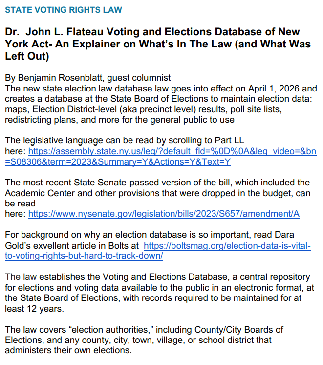 Wrote a guest column on the new New York Voting and Elections Database law enacted in 2024, what was included as part of it, what was removed, and potential additional reforms.