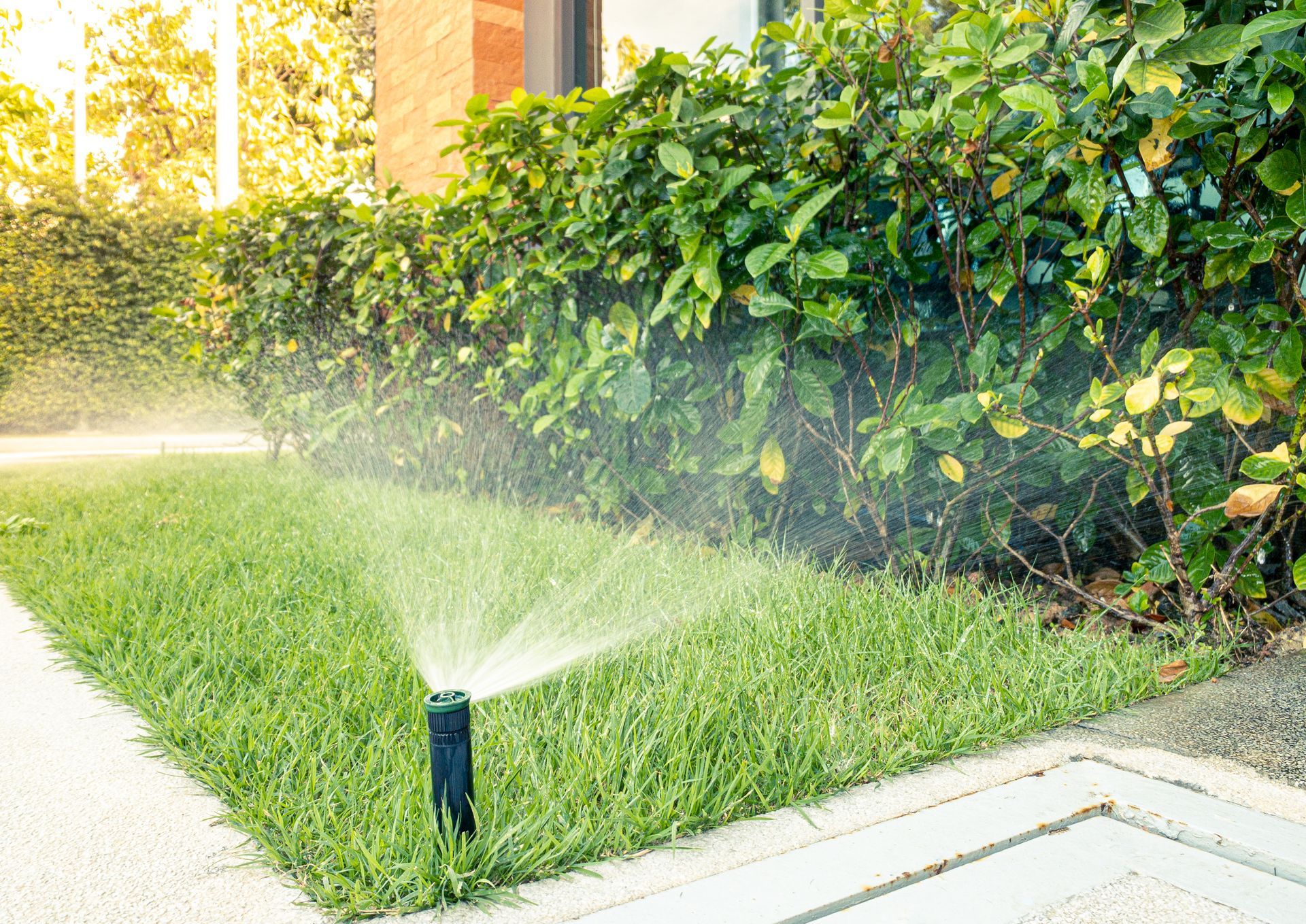 A lawn sprinkler sprays a fine mist of water onto green grass in front of a hedge beside a paved path.