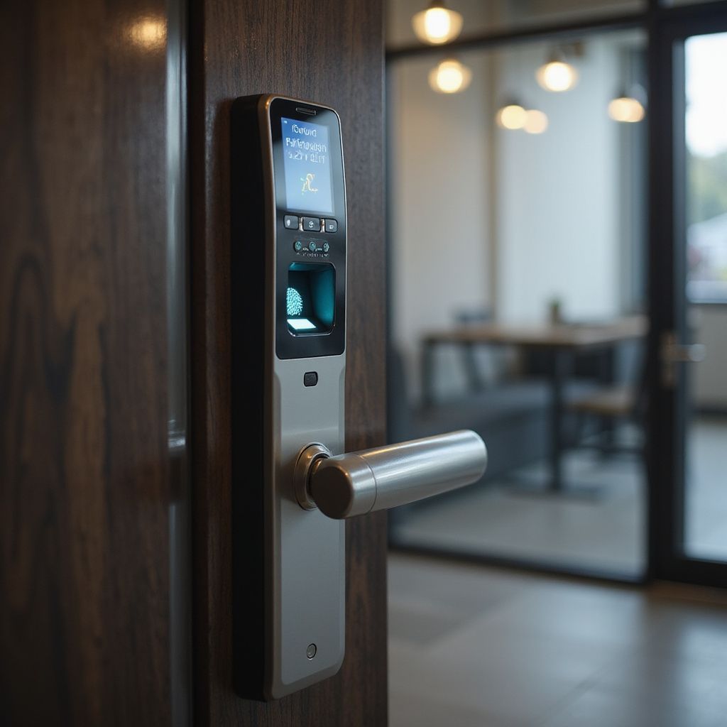 A silver fingerprint door lock on a wooden door, with a glimpse of an office interior.