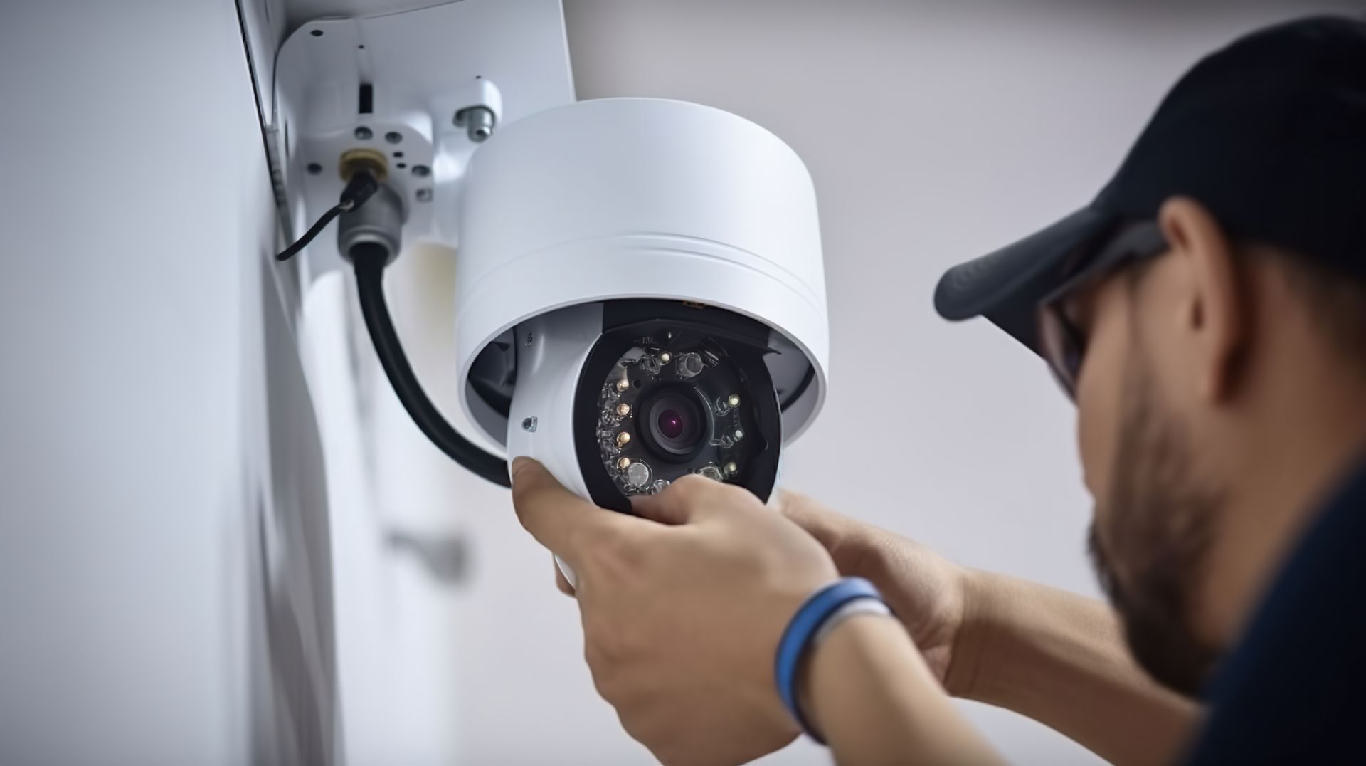 Person installing a security camera on a wall.