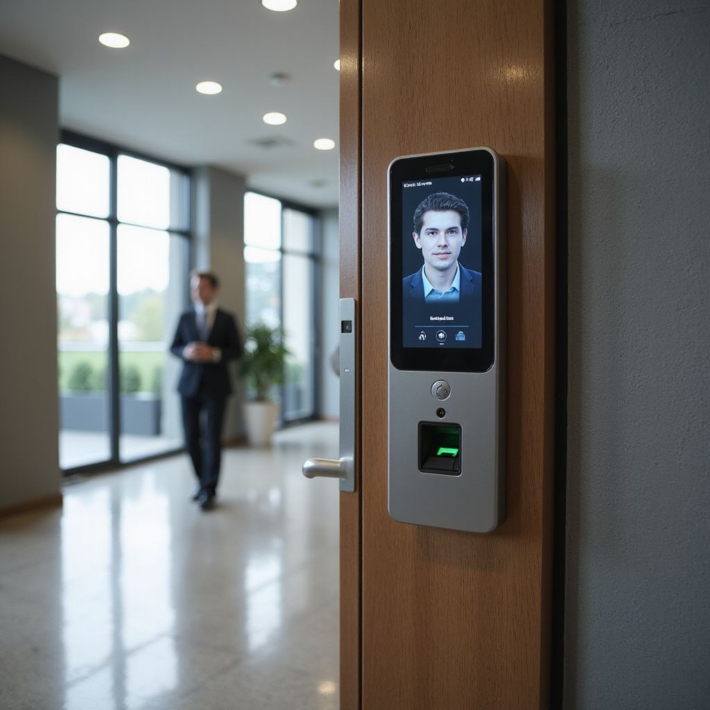 A security door with a facial recognition screen and a person walking in the background.