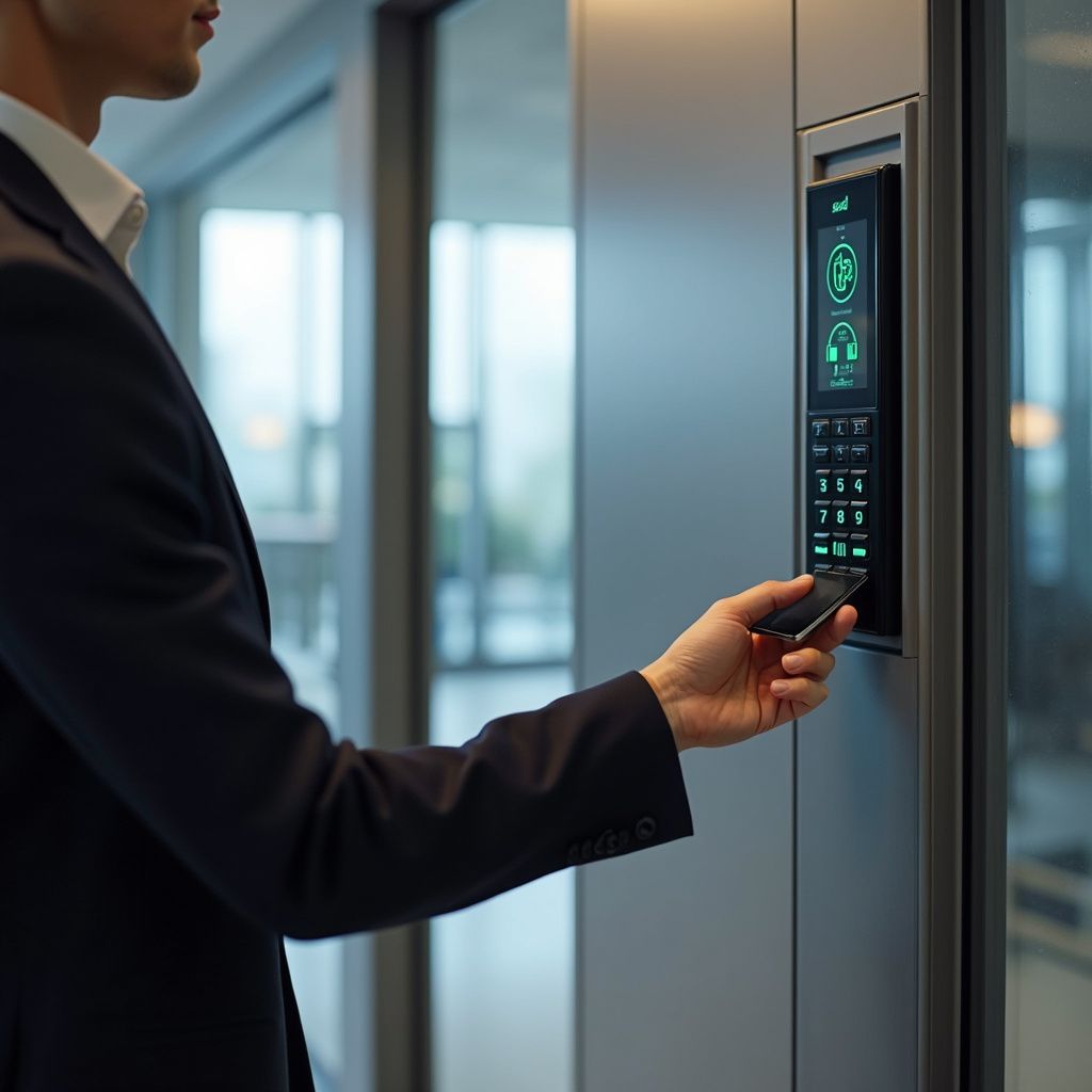 Man in suit uses keycard on an elevator control panel.