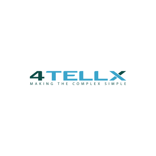 Logo for 4Tellx, with teal text and the tagline