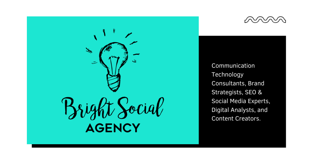 Bright Social Agency logo with lightbulb graphic on turquoise background. Black text lists services.