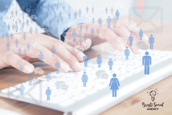 Hands typing on a keyboard, overlaid with light blue silhouettes of people and speech bubbles, promoting social engagement.