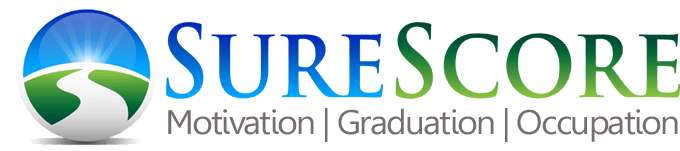 Logo for SureScore: Blue and green sphere with winding road, and text