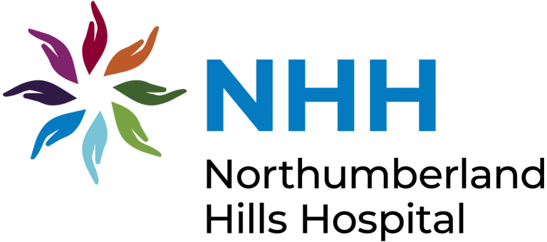 The nhh northumberland hills hospital logo is a colorful flower with hands and leaves.
