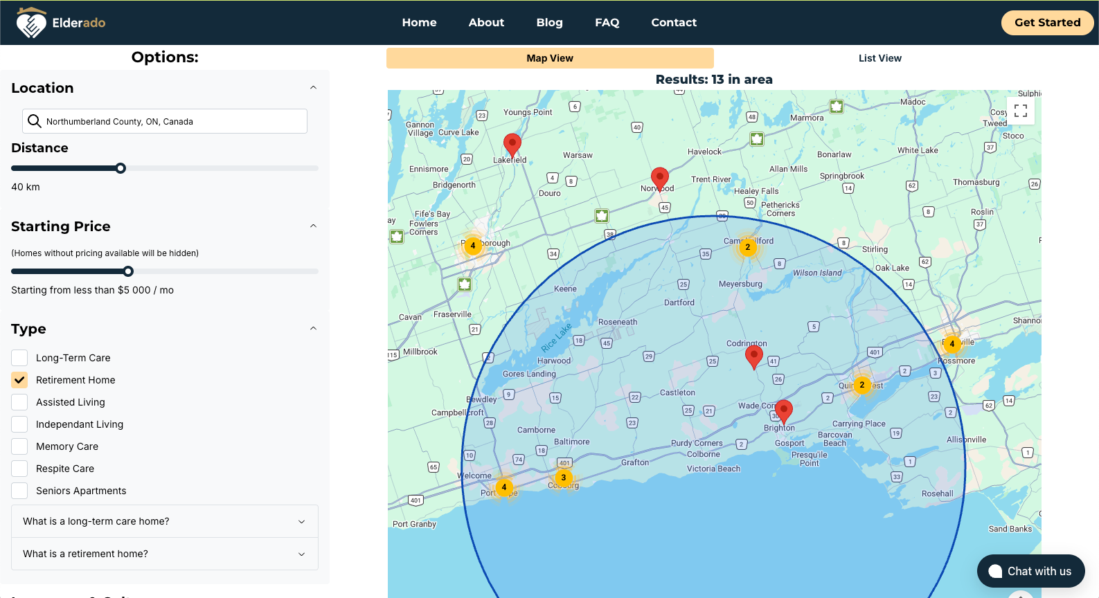 Map with search filters; blue circle shows 4-mile radius. Red and yellow pins mark locations.