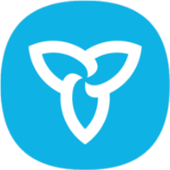 White Ontario trillium symbol in a blue circle.