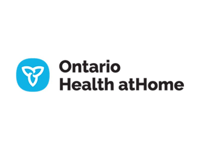 The ontario health at home logo is a blue circle with a heart in it.