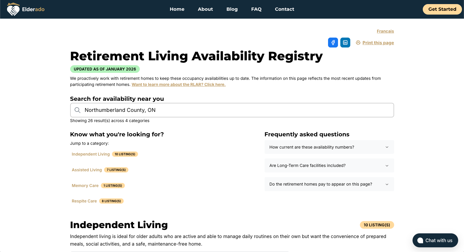 Retirement Living Availability Registry webpage. Search options for independent living, availability updates, and more.