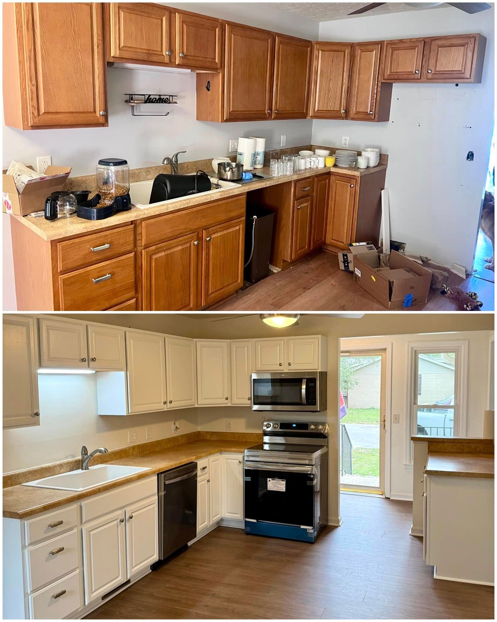 A before and after photo of a kitchen with wooden cabinets and white cabinets.