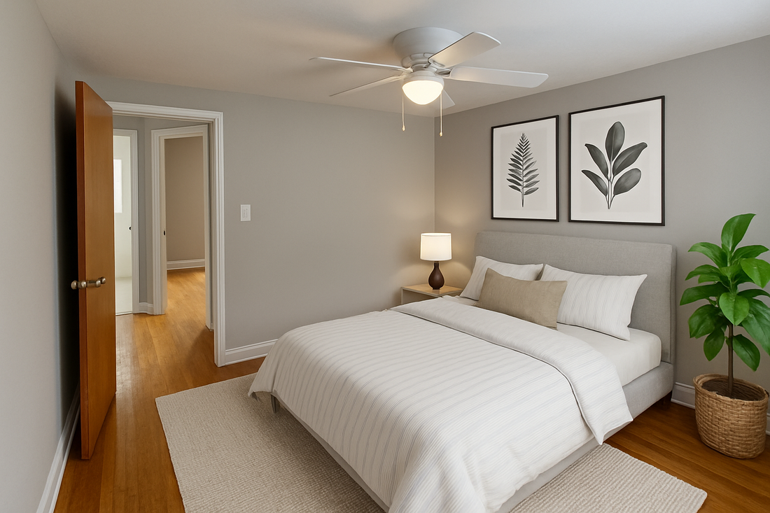 Staged apartment bedroom , renovated, modern