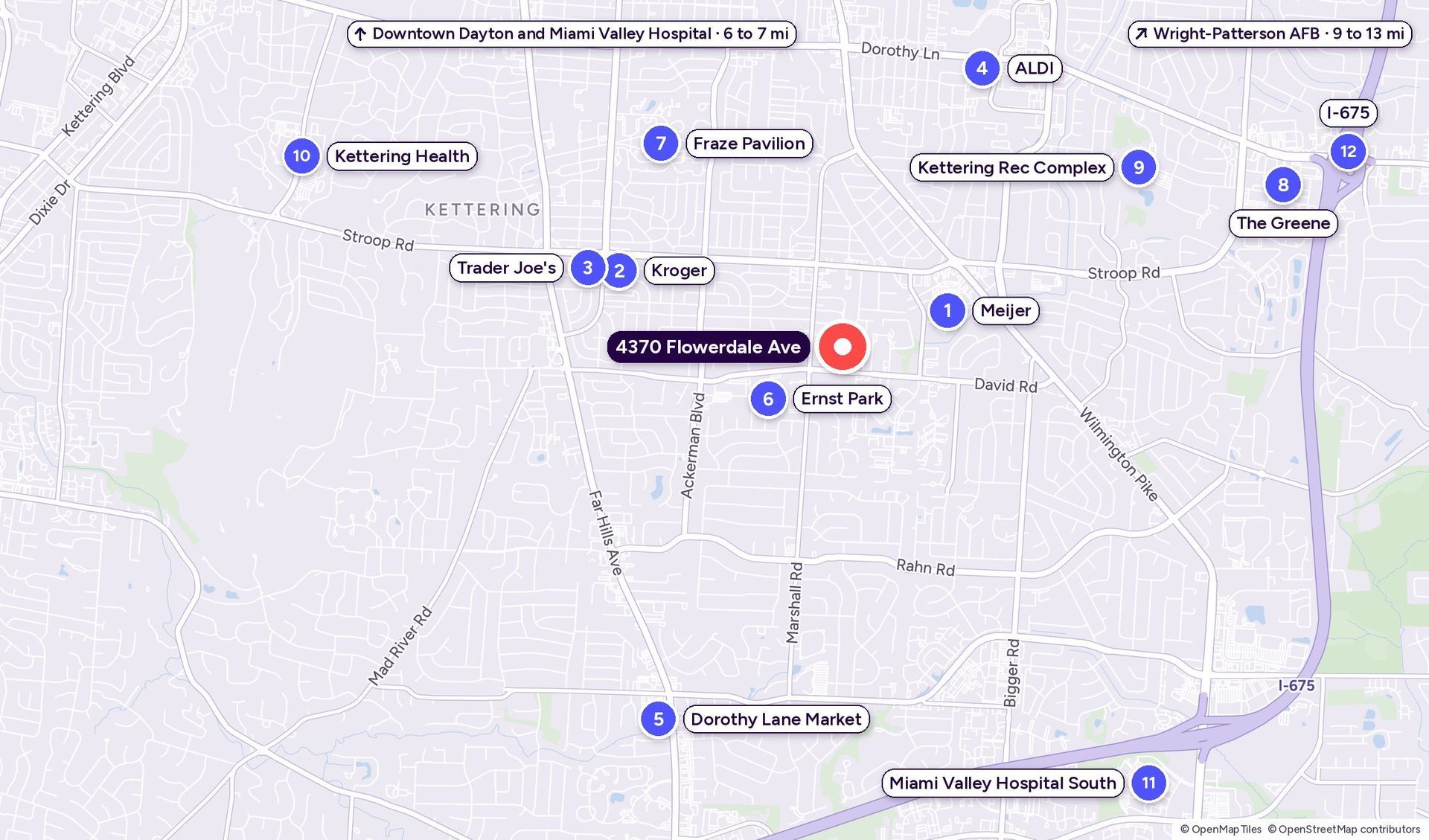 Map of Kettering around 4370 Flowerdale Ave with numbered pins for twelve of the places listed below; Miami Valley Hospital, Downtown Dayton and Wright-Patterson Air Force Base are off the map to the north