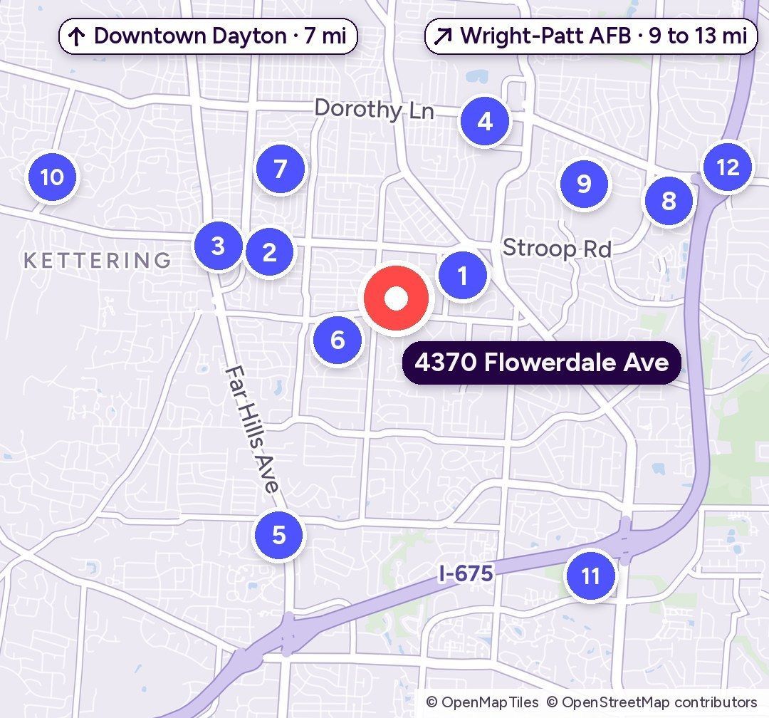 Map of Kettering around 4370 Flowerdale Ave with numbered pins for twelve of the places listed below; Miami Valley Hospital, Downtown Dayton and Wright-Patterson Air Force Base are off the map to the north