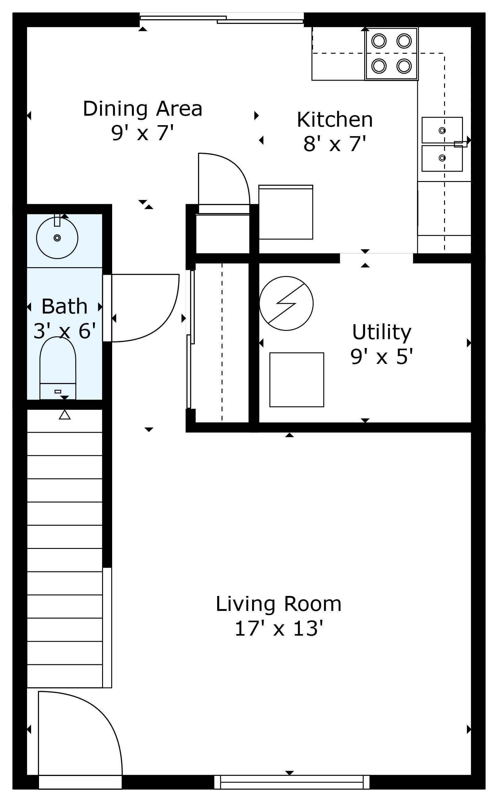 First floor plan: living room 17 by 13 feet, dining area 9 by 7, kitchen 8 by 7, utility room 9 by 5, half bath