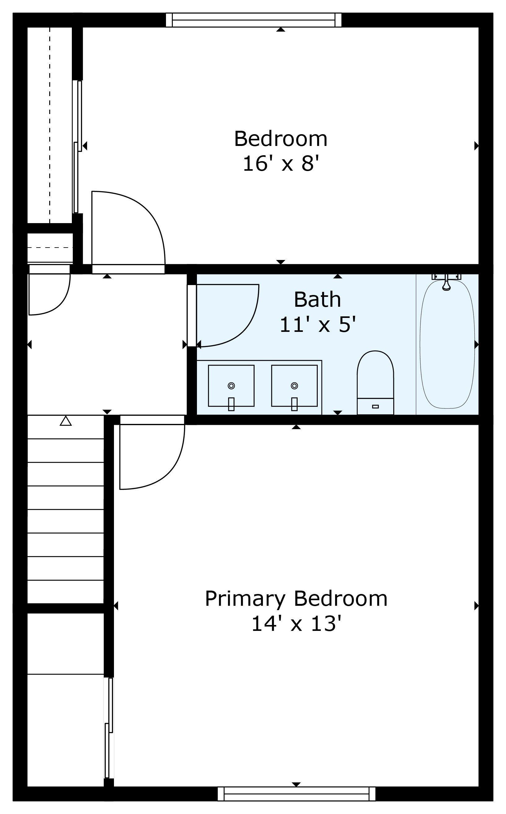 Second floor plan: primary bedroom 14 by 13 feet, second bedroom 16 by 8, full bath 11 by 5