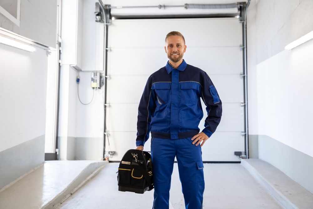 A man is working on a garage door in a garage.