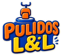 Logotipo de Pulidos L&L en naranja y amarillo con contorno azul, que presenta un letrero estilizado en el techo de un automóvil.