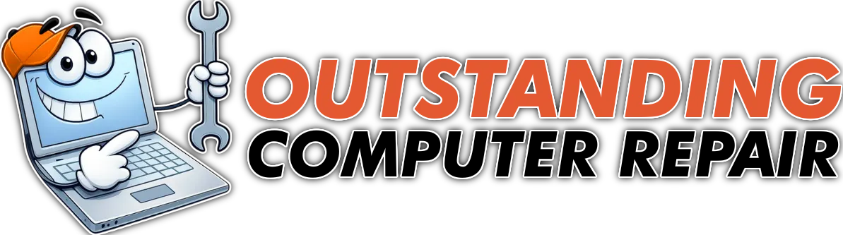 Outstanding Computer Repair logo with cartoon computer holding a wrench and orange-gray text