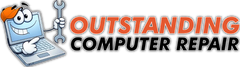 Outstanding Computer Repair logo with cartoon computer holding a wrench and orange-gray text