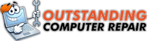 Outstanding Computer Repair logo with cartoon computer holding a wrench and orange-gray text